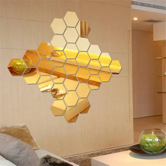 12 Pcs Decorative Gold Hexagon Acrylic Mirror Set (4X4 Inch)