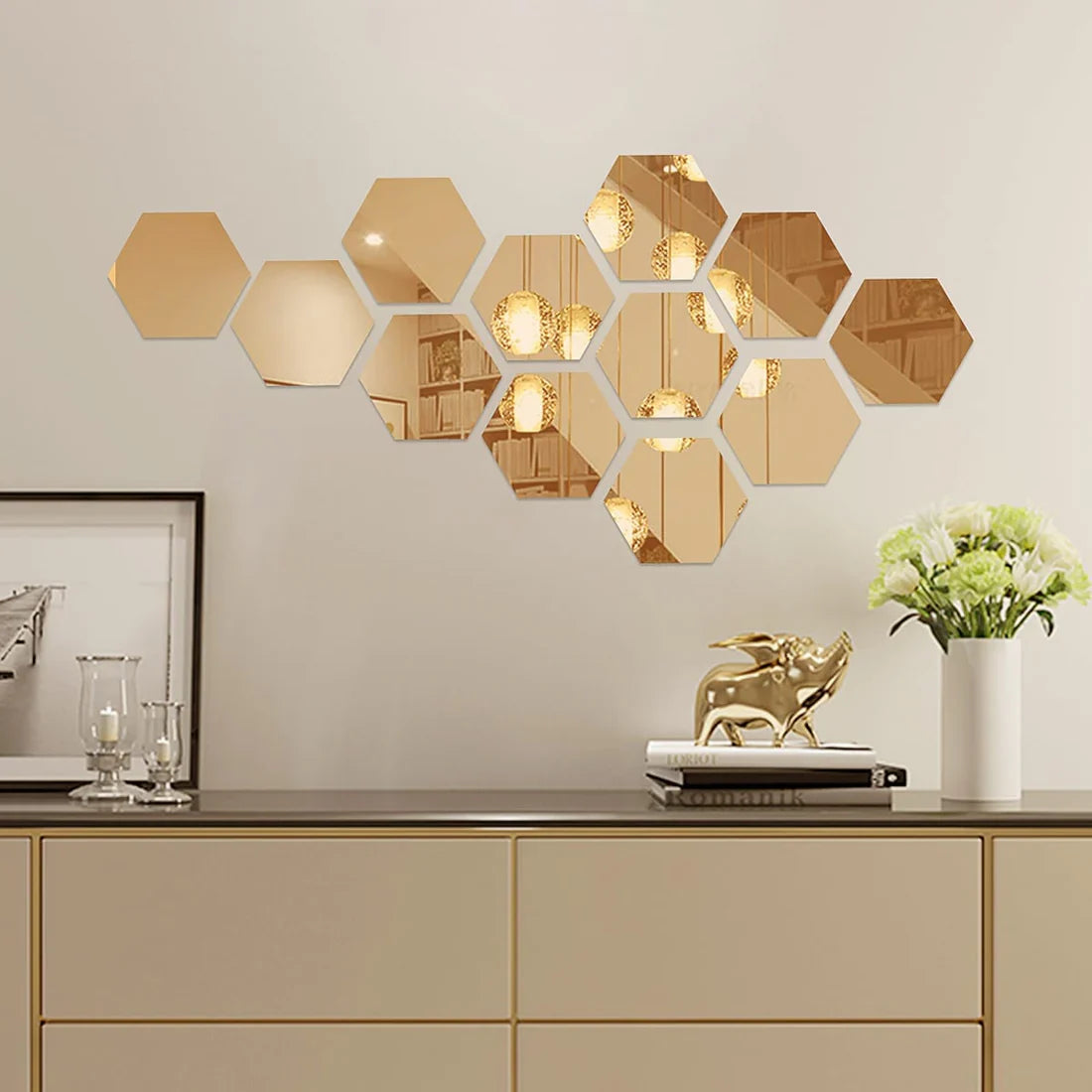 12 Pcs Decorative Gold Hexagon Acrylic Mirror Set (4X4 Inch)